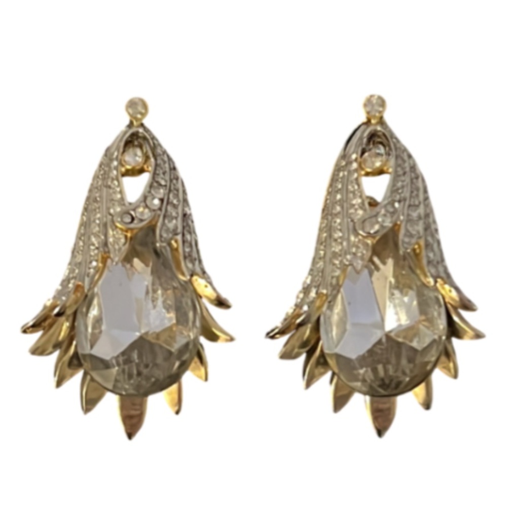 Vintage Art Deco Two Tone Floral Blossom Large Crystal Clip Earrings